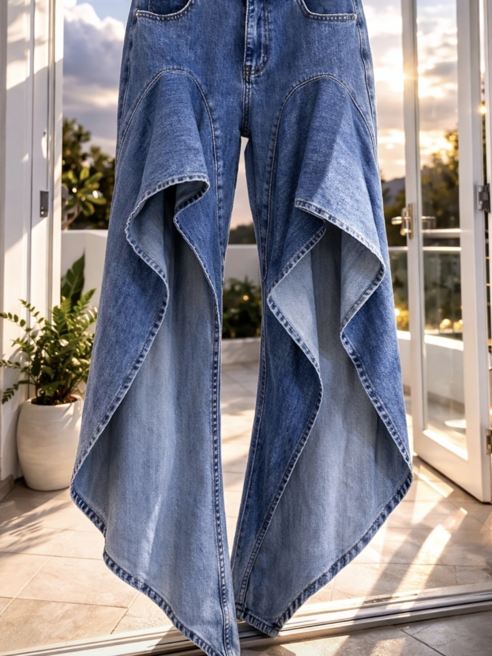 Denim Cascade Wide-Leg Jeans - Blue